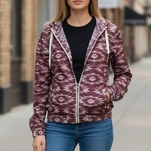 🍀2/$22 Empyre Aztec Print Burgundy Red Hooded Windbreaker Jacket Womens Small